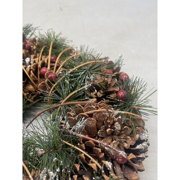handmade Christmas wreath green brown pine cones holly berries silver 10" READ - Picture 6 of 8